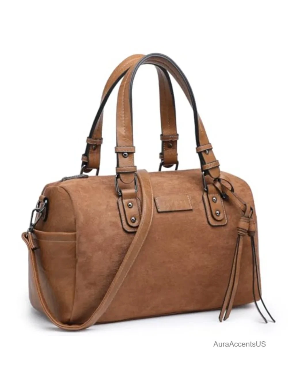 Soft Vegan Leather Barrel Satchel Tote with Top Handles